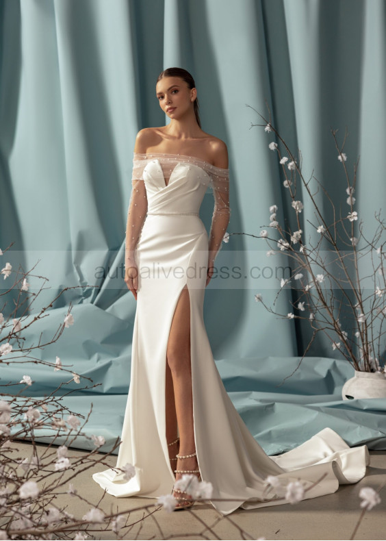 Off Shoulder Pearls Beaded Ivory Satin Slit Wedding Dress